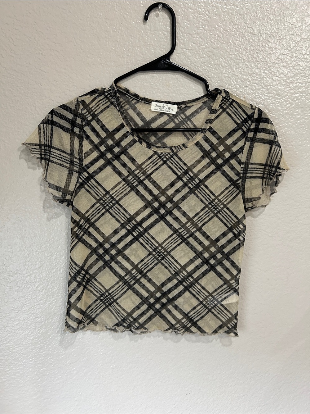 Jolie & Joy Black Plaid Short Sleeve Sheer Cropped Top Sz L Lightweight TC0781